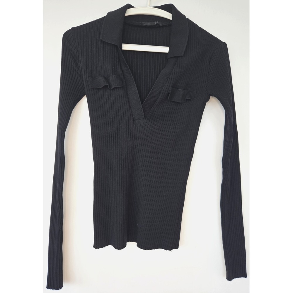 Zara Ribbed Collared Sweater V-Neck Cotton Front Fake Pockets Black Quiet Luxury - Picture 5 of 16